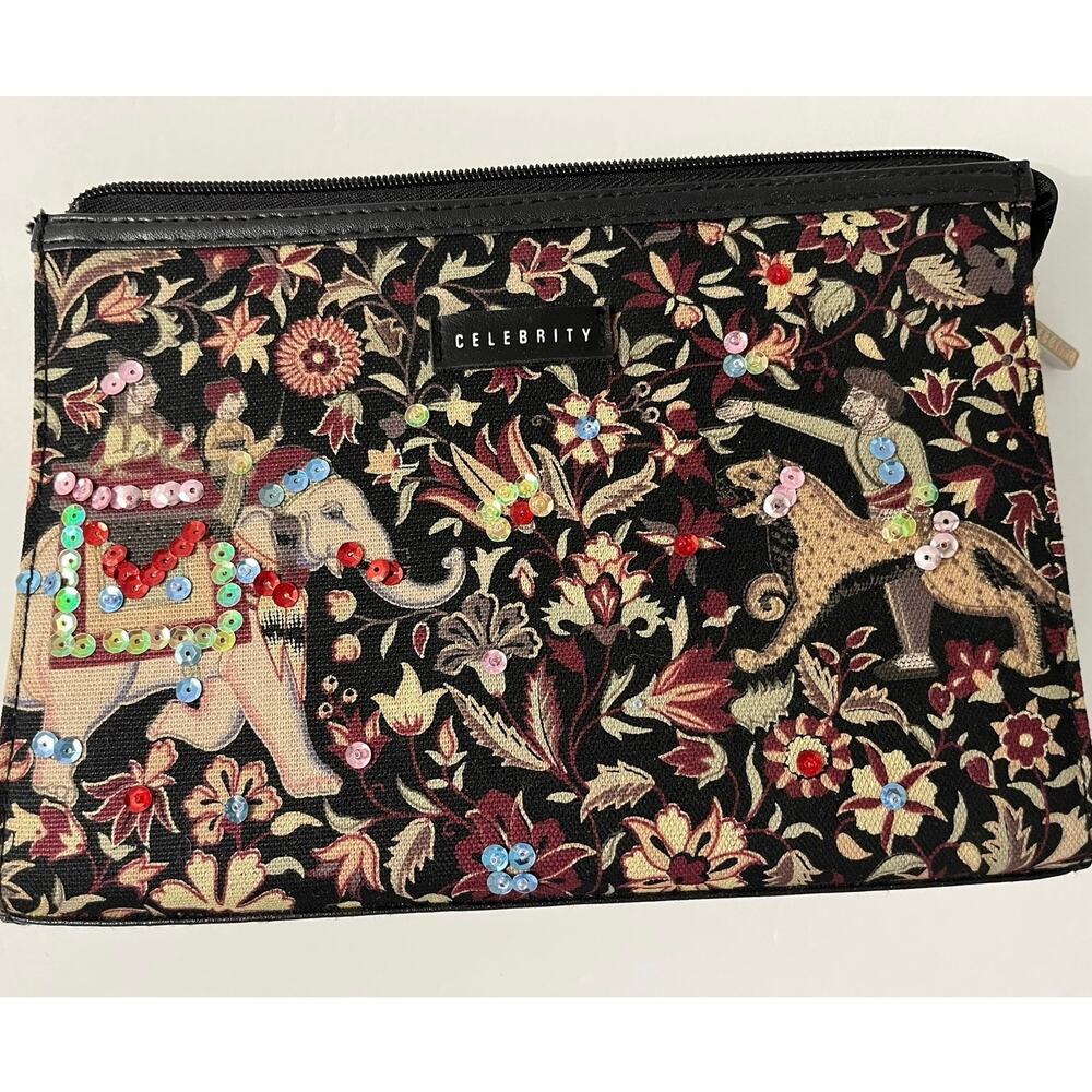 Celebrity Elephant Figural Tapestry Sequin Clutch Purse Zipper Bag